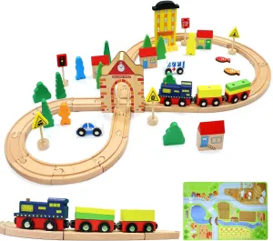 Wooden Train Set with Magnetic Trains and Premium Tracks, 54pc Double-Side Wooden Track Set for 3  Toddlers Boys & Girls