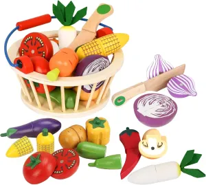 Wooden Vegetable Toys for Children,Pretend Play Food Set for Kid, Magnetic Cutting Kitchen Toy with Picnic Basket,Baby Dinette Accessories for Toddlers Store Grocery,Gift for Girl Boy