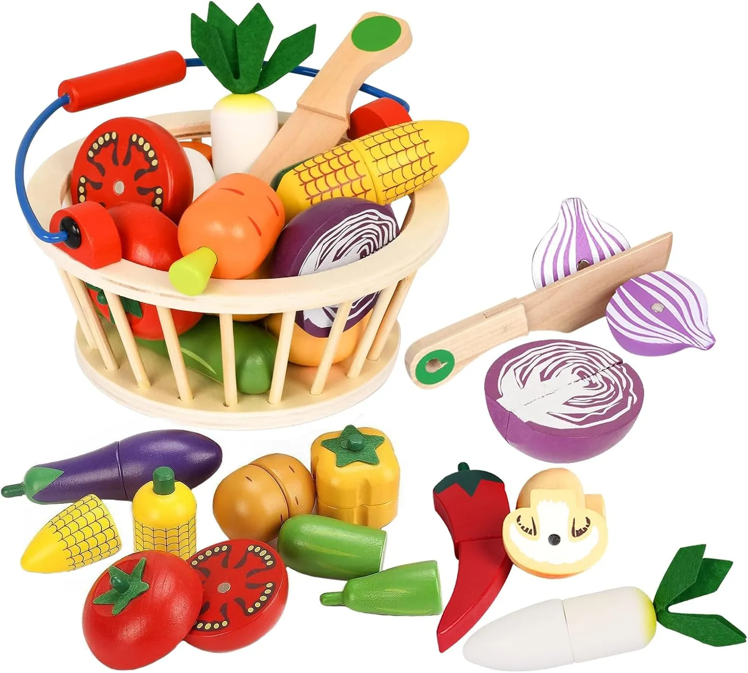 Wooden Vegetable Toys for Children,Pretend Play Food Set for Kid, Magnetic Cutting Kitchen Toy with Picnic Basket,Baby Dinette Accessories for Toddlers Store Grocery,Gift for Girl Boy