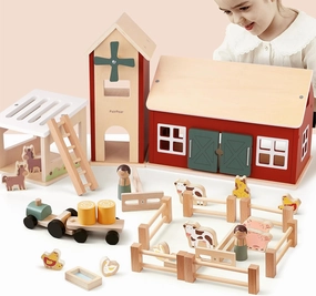 Wooden Barn & Tractor Farm Playset, 31 Piece Pretend Farm Animal Toy Set with Barn, Tractor & Trailer, Montessori Learning Gift for Toddlers Ages 3 