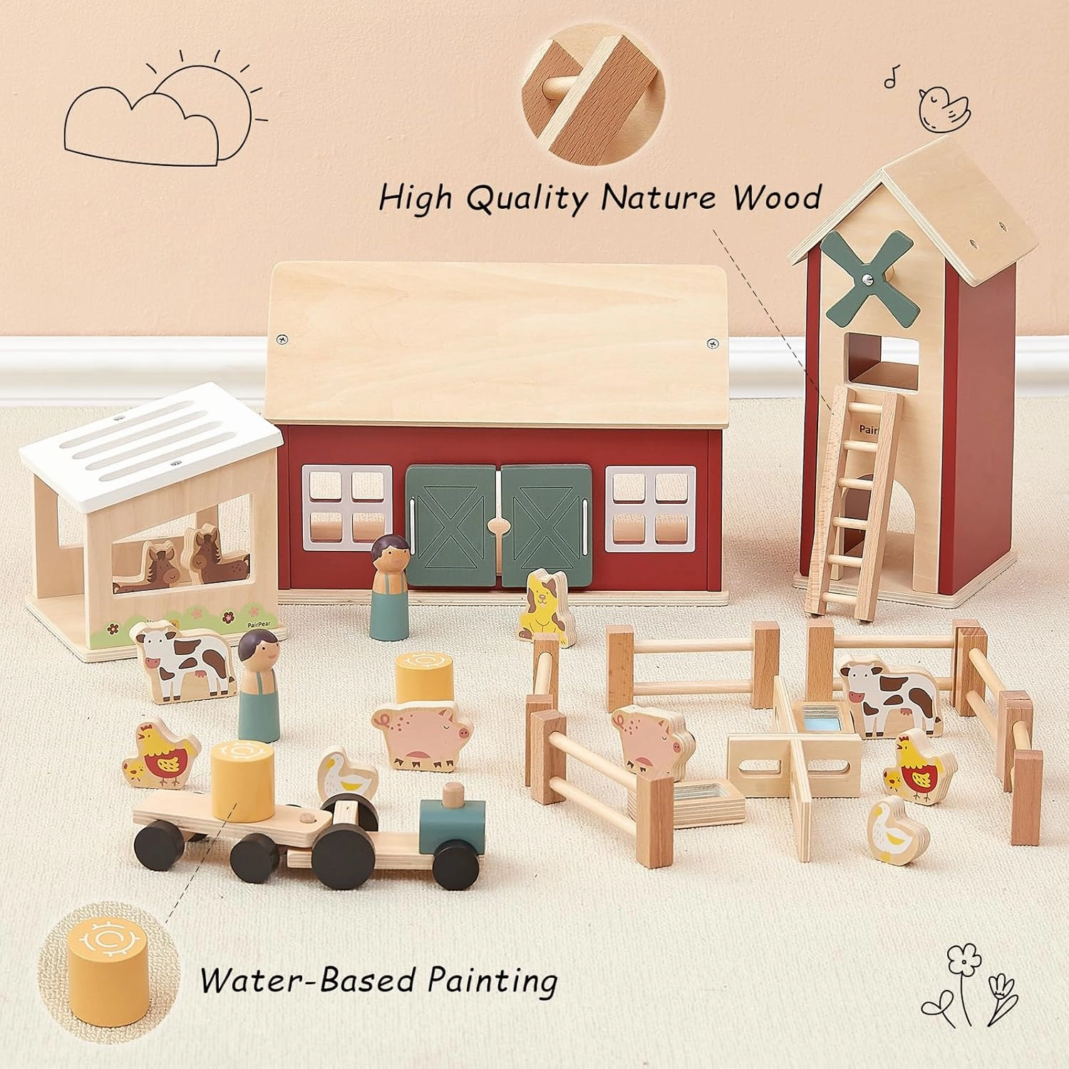 Wooden Barn & Tractor Farm Playset, 31 Piece Pretend Farm Animal Toy Set with Barn, Tractor & Trailer, Montessori Learning Gift for Toddlers Ages 3 