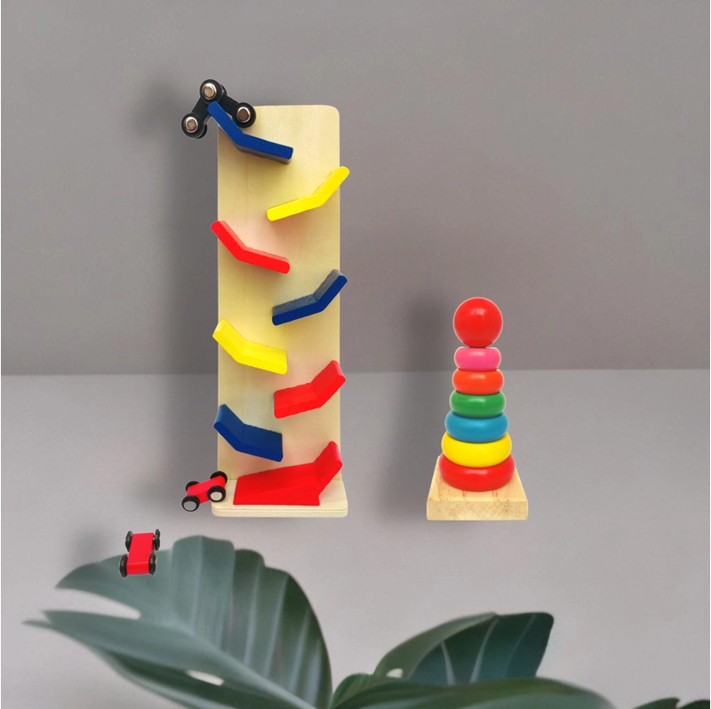 Wooden Combo Fun Rollin Slippery Track Car with Colored Stacking Rings (1-3 Years)