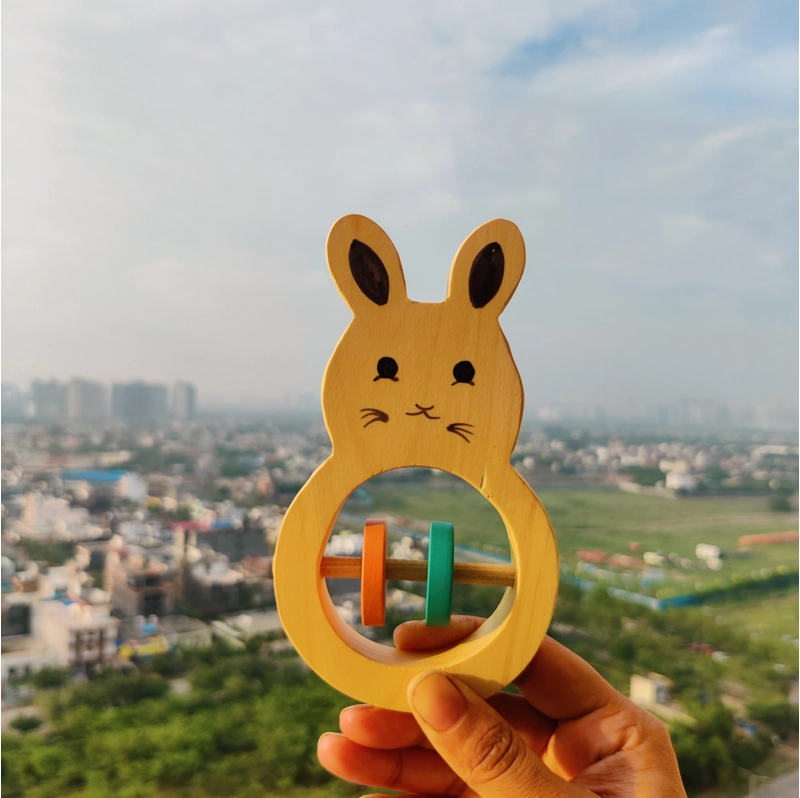 Wooden Rabbit Shaped Rattle with Colorful Rings