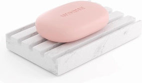 WORHE Marble Soap Dish Natural Stone Self-draining Sponge Holder for Bathroom Tub Shower Kitchen Sink, Handcraft Rectangle Soap Case Jewelry Ring Tray for Home Decor,Easy to Clean Color White (WH044)