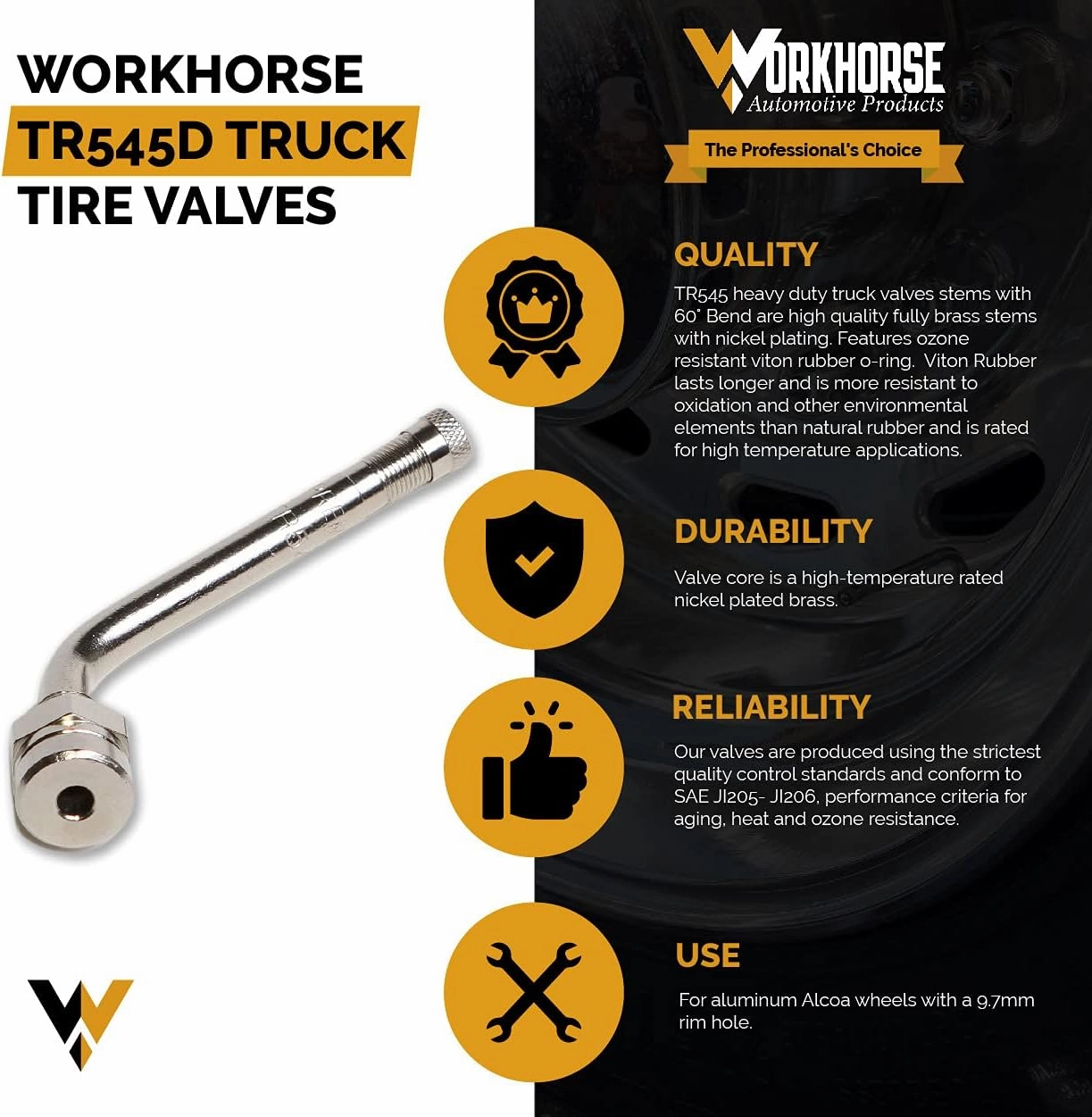 Workhorse Automotive TR545D Truck Tire Valve Stems with 60° Bend for Alcoa Wheels with 9.7MM Rim Hole. Pack of 10, Save 10% Buying 2 or More!
