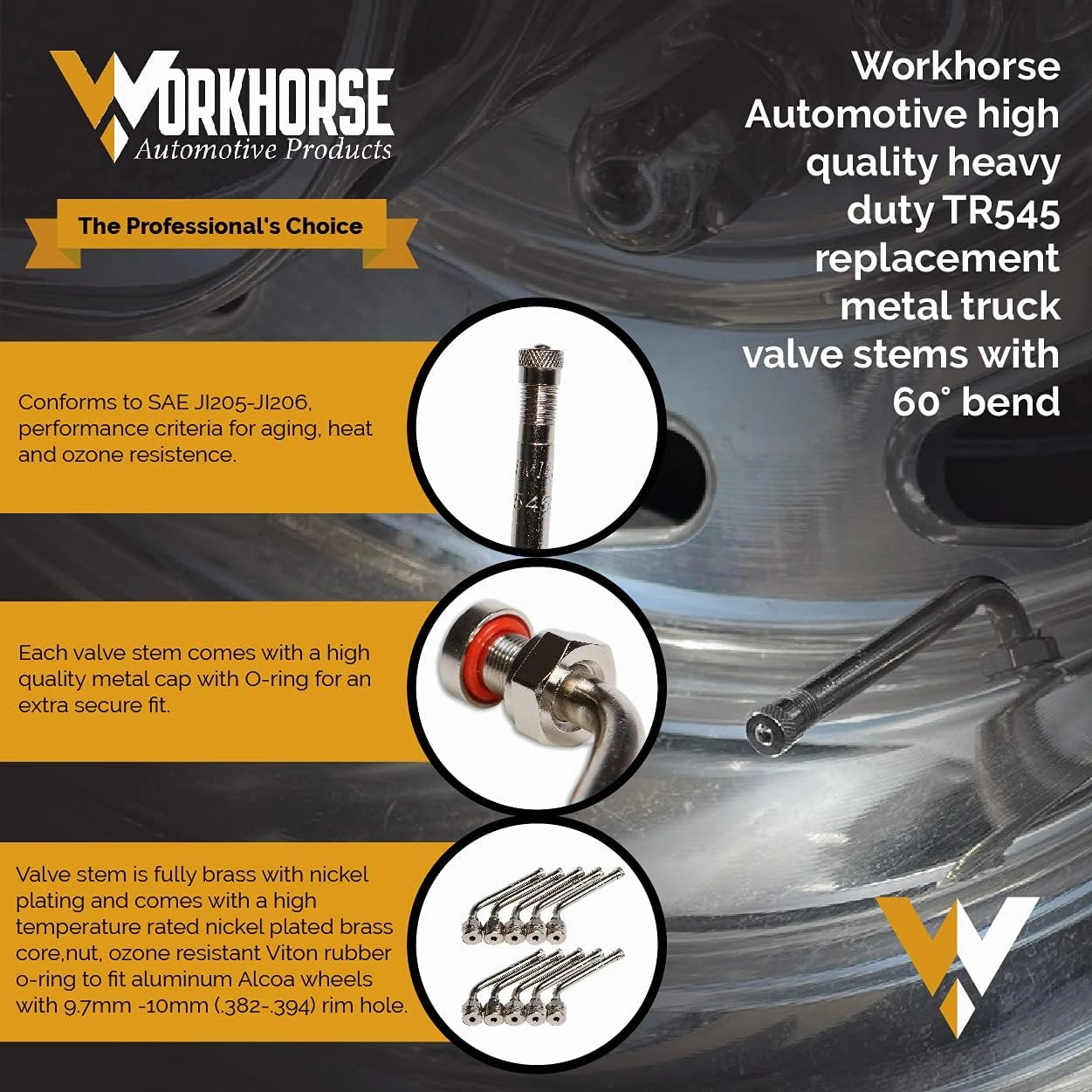 Workhorse Automotive TR545D Truck Tire Valve Stems with 60° Bend for Alcoa Wheels with 9.7MM Rim Hole. Pack of 10, Save 10% Buying 2 or More!