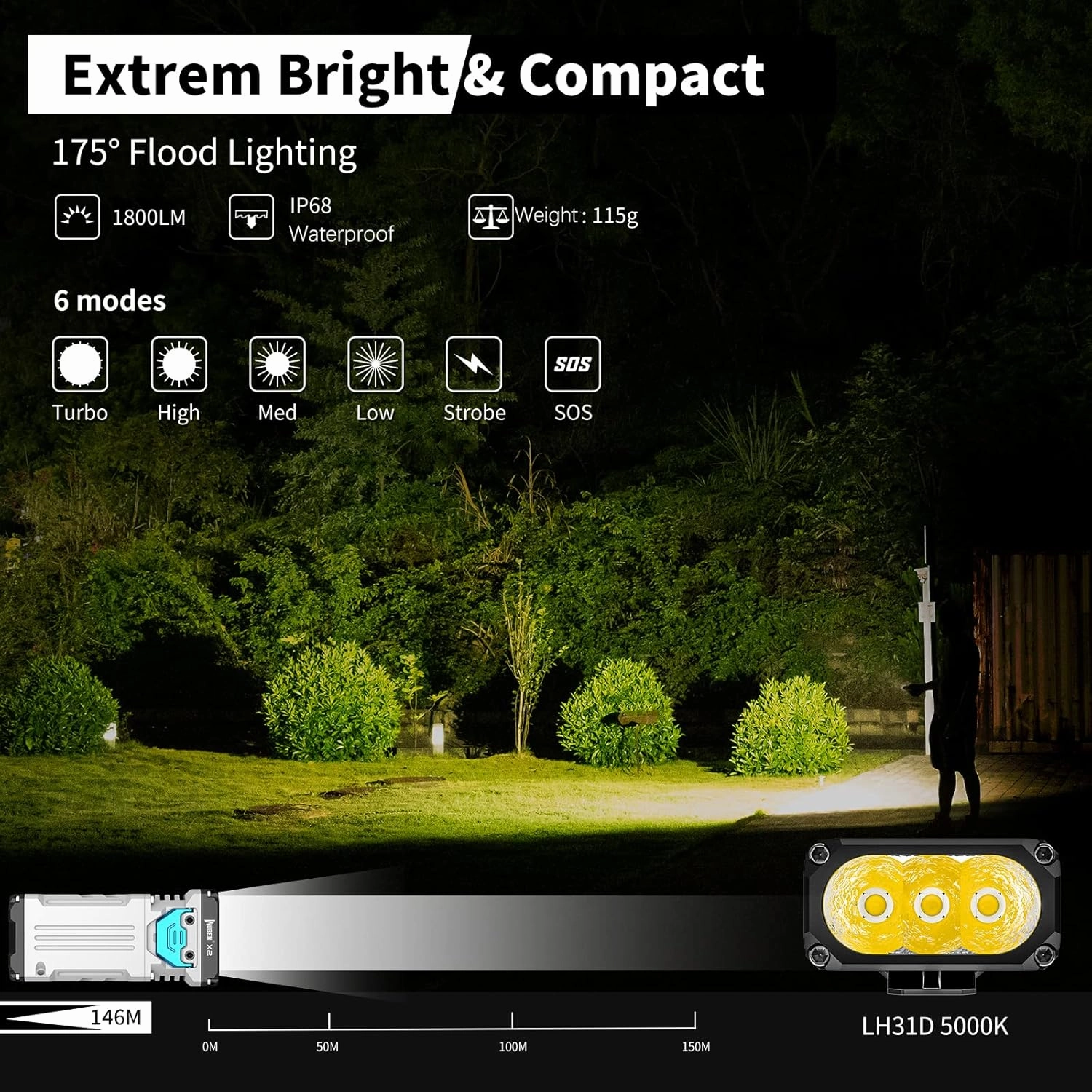 WUBEN X2 1,800 High Lumens Outdoor Pocket Flashlight 90  High CRI, 175° Floodlighting Mini Rechargeable Flashlight for EDC, Camping, Night Walk, Emergency with 6 Light Modes, Type-C Charging Lanyard