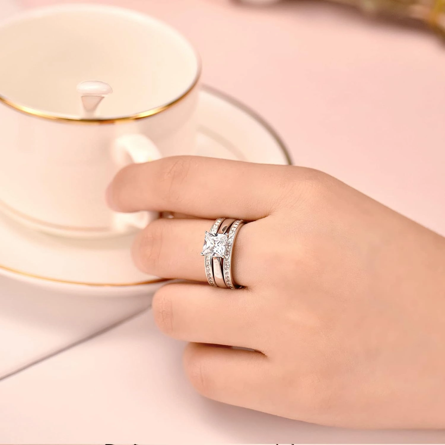 Wuziwen Princess Bridal Ring Set for Women Wedding Band Guard Enhancers CZ Sterling Silver Size 4-13