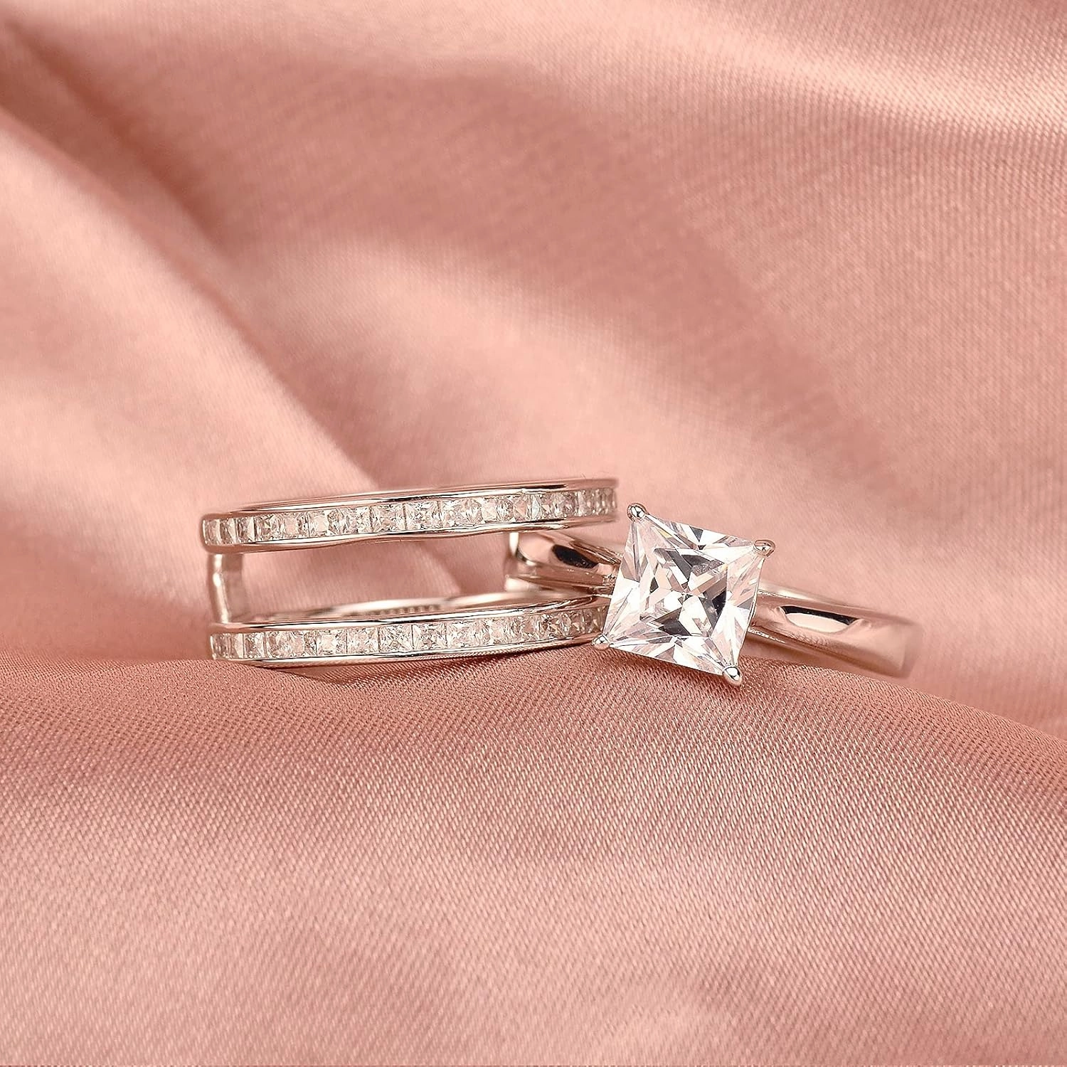 Wuziwen Princess Bridal Ring Set for Women Wedding Band Guard Enhancers CZ Sterling Silver Size 4-13