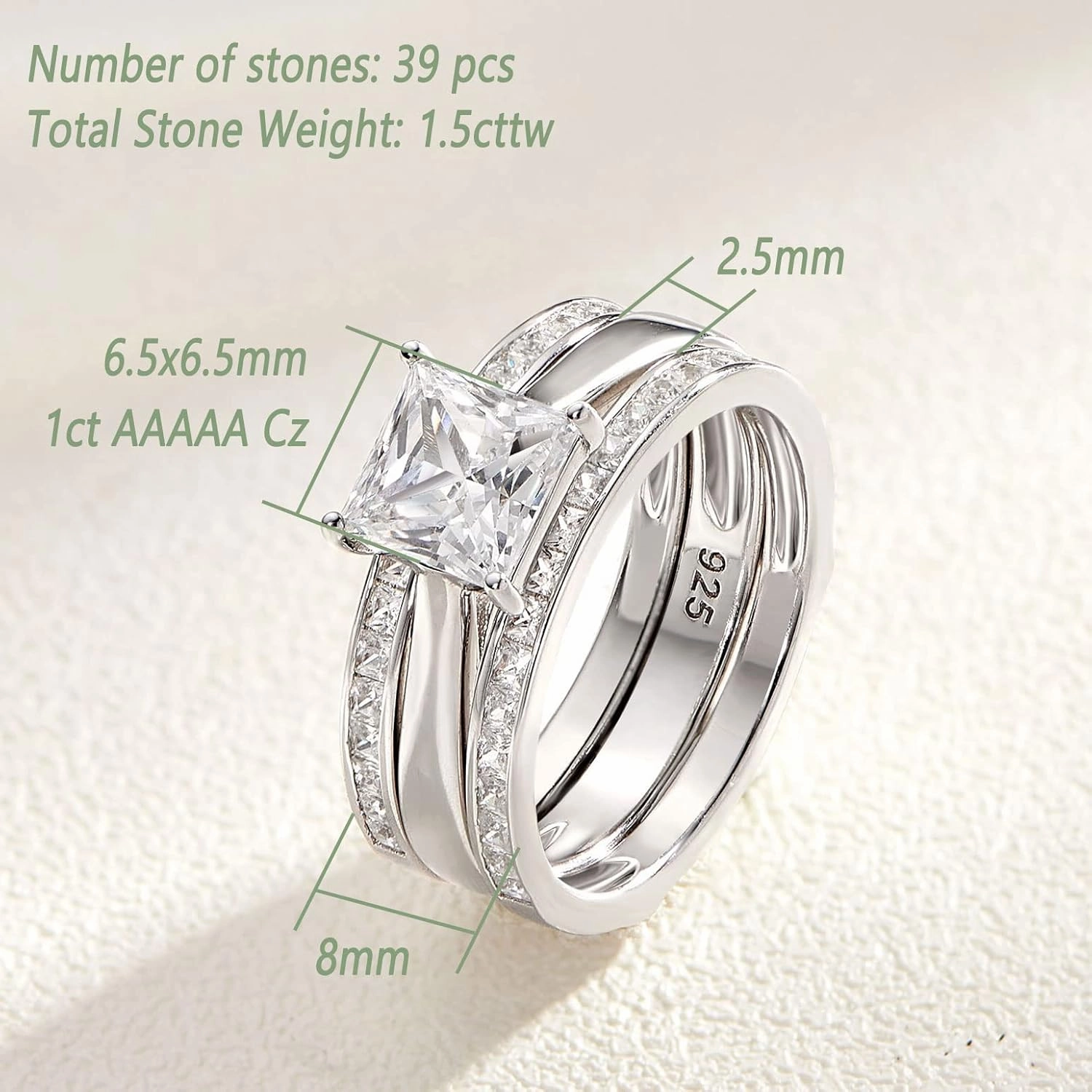 Wuziwen Princess Bridal Ring Set for Women Wedding Band Guard Enhancers CZ Sterling Silver Size 4-13