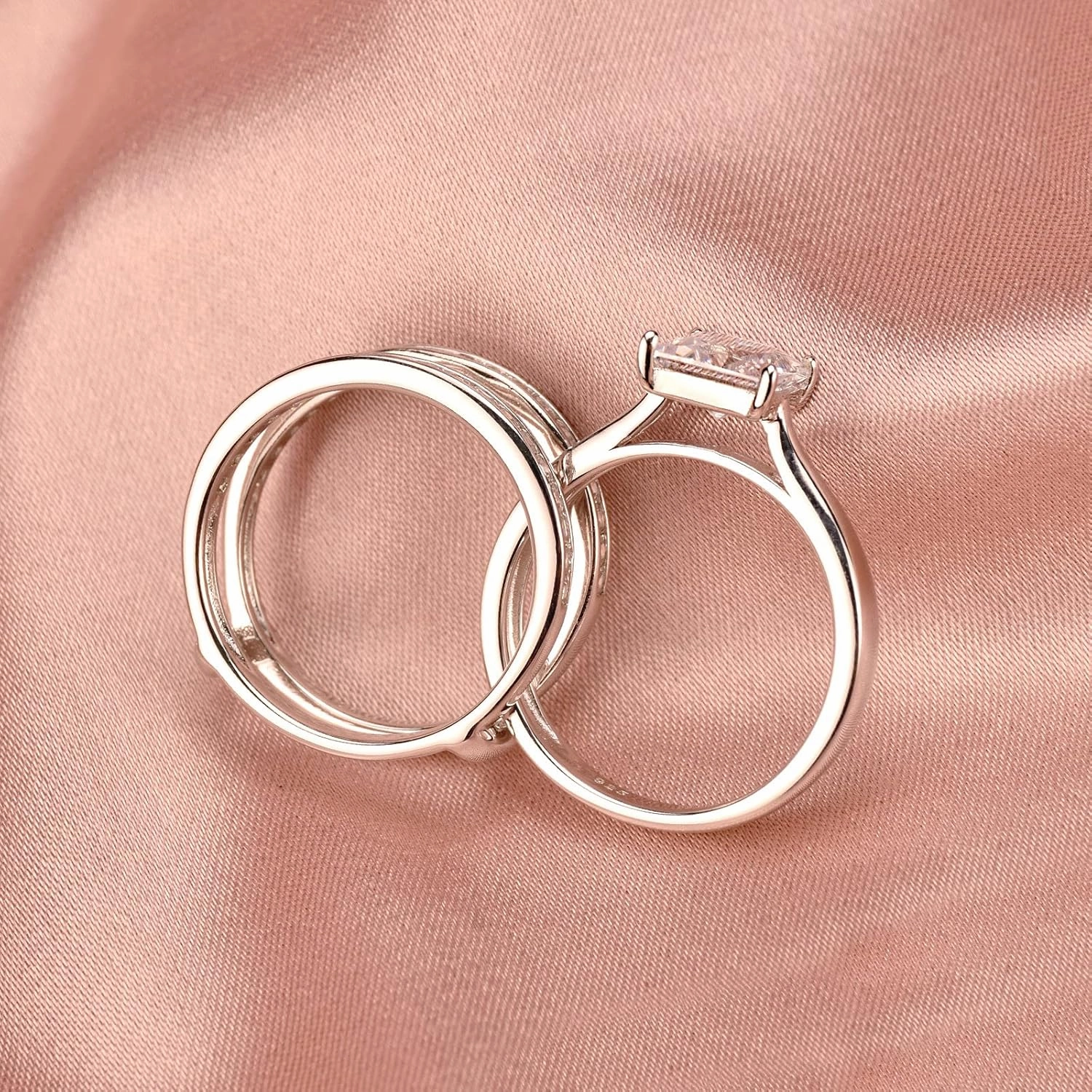 Wuziwen Princess Bridal Ring Set for Women Wedding Band Guard Enhancers CZ Sterling Silver Size 4-13