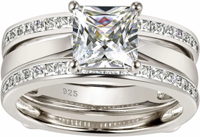 Wuziwen Princess Bridal Ring Set for Women Wedding Band Guard Enhancers CZ Sterling Silver Size 4-13