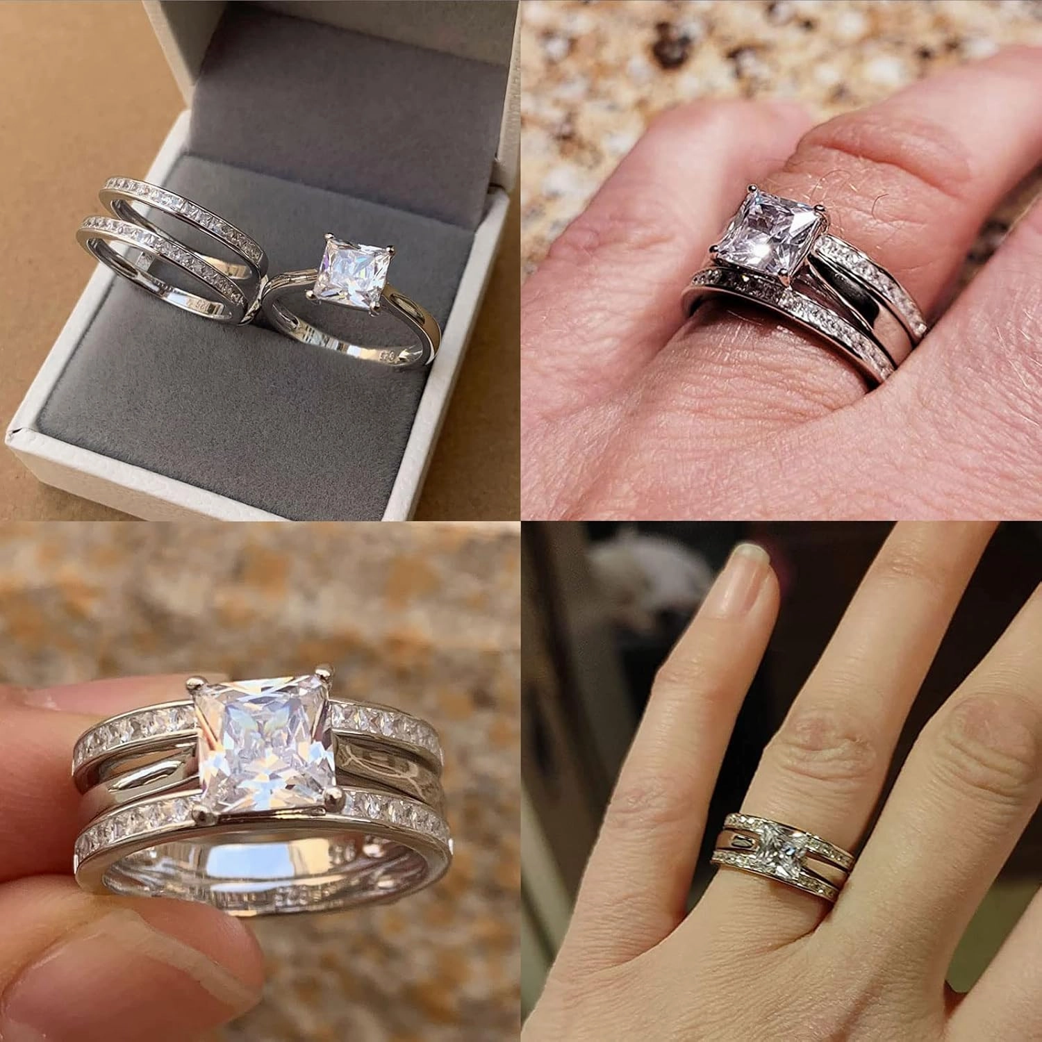 Wuziwen Princess Bridal Ring Set for Women Wedding Band Guard Enhancers CZ Sterling Silver Size 4-13