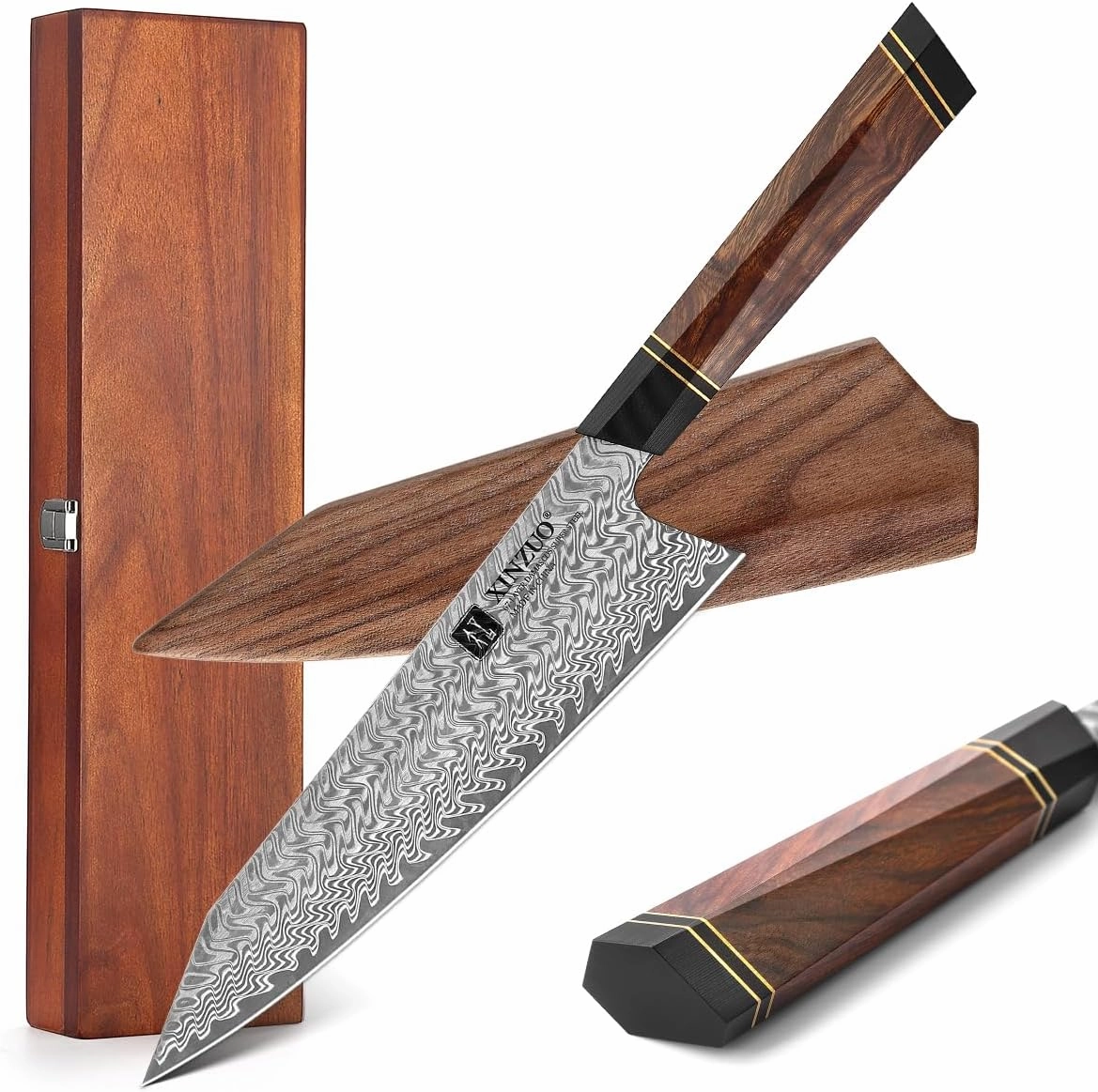 XINZUO 8.5 Inch Japanese Kiritskue Chef Knife, Professional Chef Knife,Damascus Kitchen Knife for Chefs and Home Cooking, Desert Ironwood Handle, Walnut Magnetic Wooden Sheath, Acacia Wood Box Package
