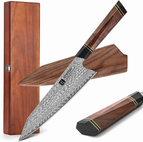 XINZUO 8.5 Inch Japanese Kiritskue Chef Knife, Professional Chef Knife,Damascus Kitchen Knife for Chefs and Home Cooking, Desert Ironwood Handle, Walnut Magnetic Wooden Sheath, Acacia Wood Box Package
