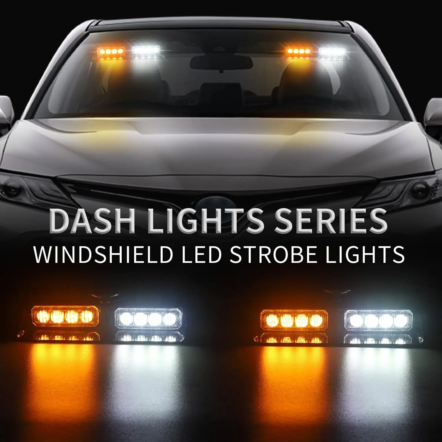 XRIDONSEN 2 in 1 Emergency Dash Strobe Lights Interior Windshield Lights Amber White Warning Hazard Safety Flashing w/Suction Cups for Construction Vehicles, Trucks Car (2×7.16 inch, 16 LED)