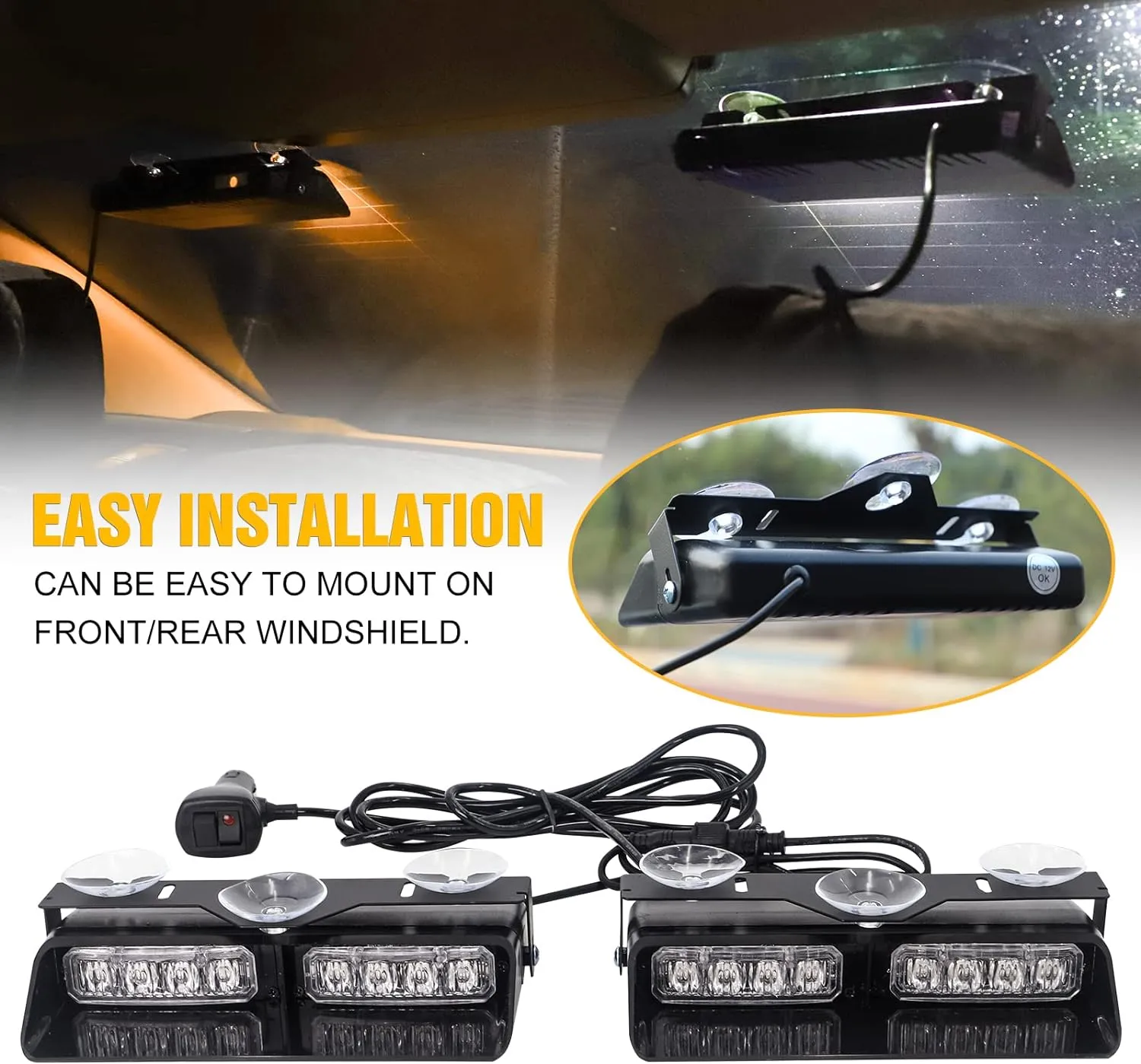 XRIDONSEN 2 in 1 Emergency Dash Strobe Lights Interior Windshield Lights Amber White Warning Hazard Safety Flashing w/Suction Cups for Construction Vehicles, Trucks Car (2×7.16 inch, 16 LED)