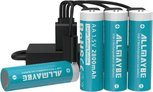 XTAR Rechargeable AA Batteries, 1.5v Lithium aa Batteries 2800mAh Max 2A– High Capacity for Long-Lasting Power, for Remotes, Toys, Flashlights – USB-C Charging, No Separate Charger Required (4pcs)