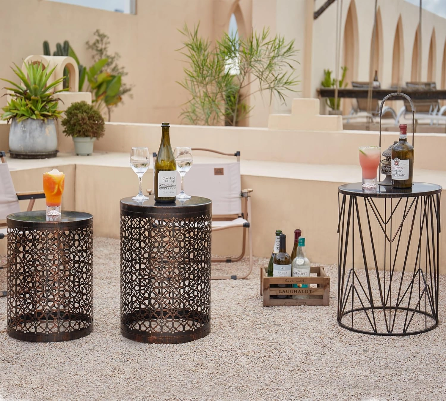 Y&M Set of 3 Stacking Coffee Table Side Table, for Living Room,Indoor End Tables for Bedroom, Outdoor Decorative Garden Stool with Heavy Duty Metal Frame Modern Industrial Decor - Black with Bronze