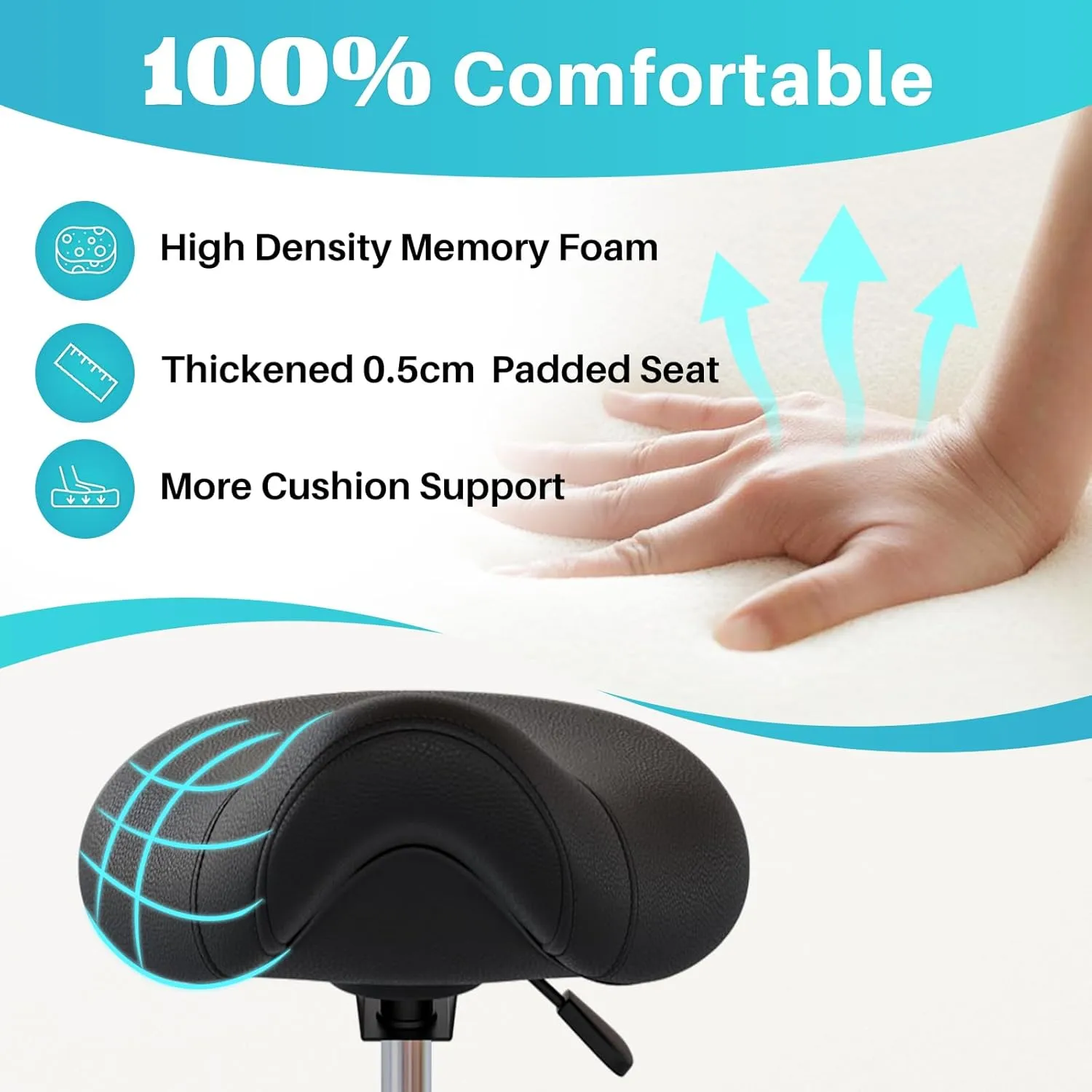 YEEZEE Saddle Stool Ergonomic- Comfortable Rolling Saddle Stool with Wide Thick Saddle Seat Padding, Swivel Adjustable Saddle Chair with Wheels and Ring Pedal for Medical Massage Salon (Dark Black)