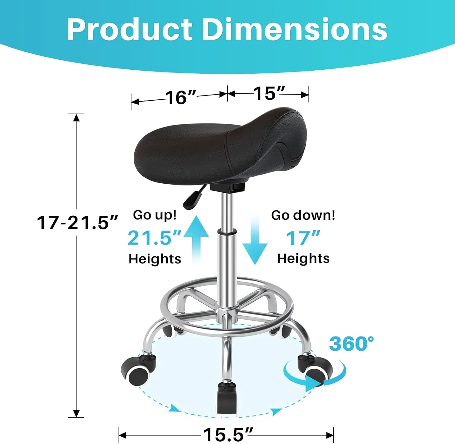 YEEZEE Saddle Stool Ergonomic- Comfortable Rolling Saddle Stool with Wide Thick Saddle Seat Padding, Swivel Adjustable Saddle Chair with Wheels and Ring Pedal for Medical Massage Salon (Dark Black)