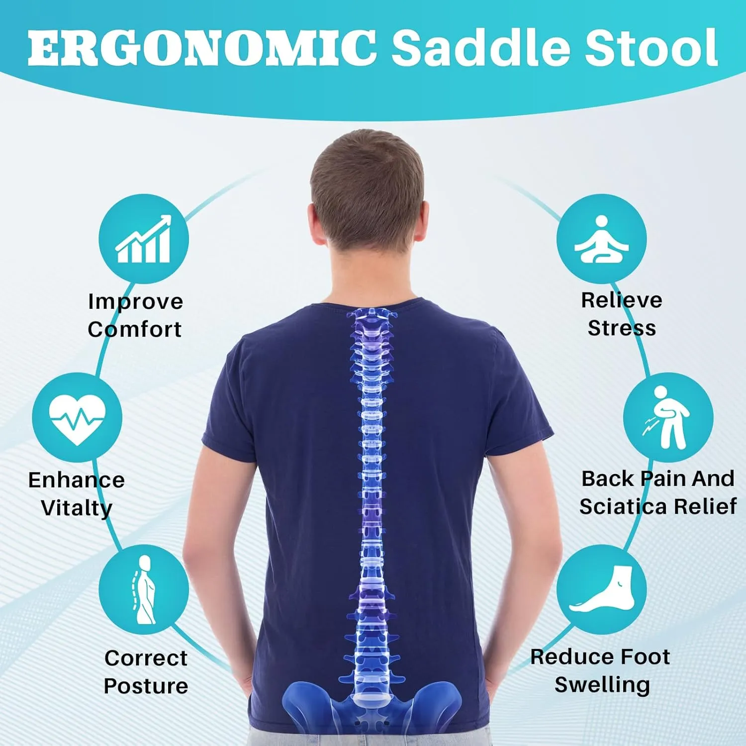 YEEZEE Saddle Stool Ergonomic- Comfortable Rolling Saddle Stool with Wide Thick Saddle Seat Padding, Swivel Adjustable Saddle Chair with Wheels and Ring Pedal for Medical Massage Salon (Dark Black)