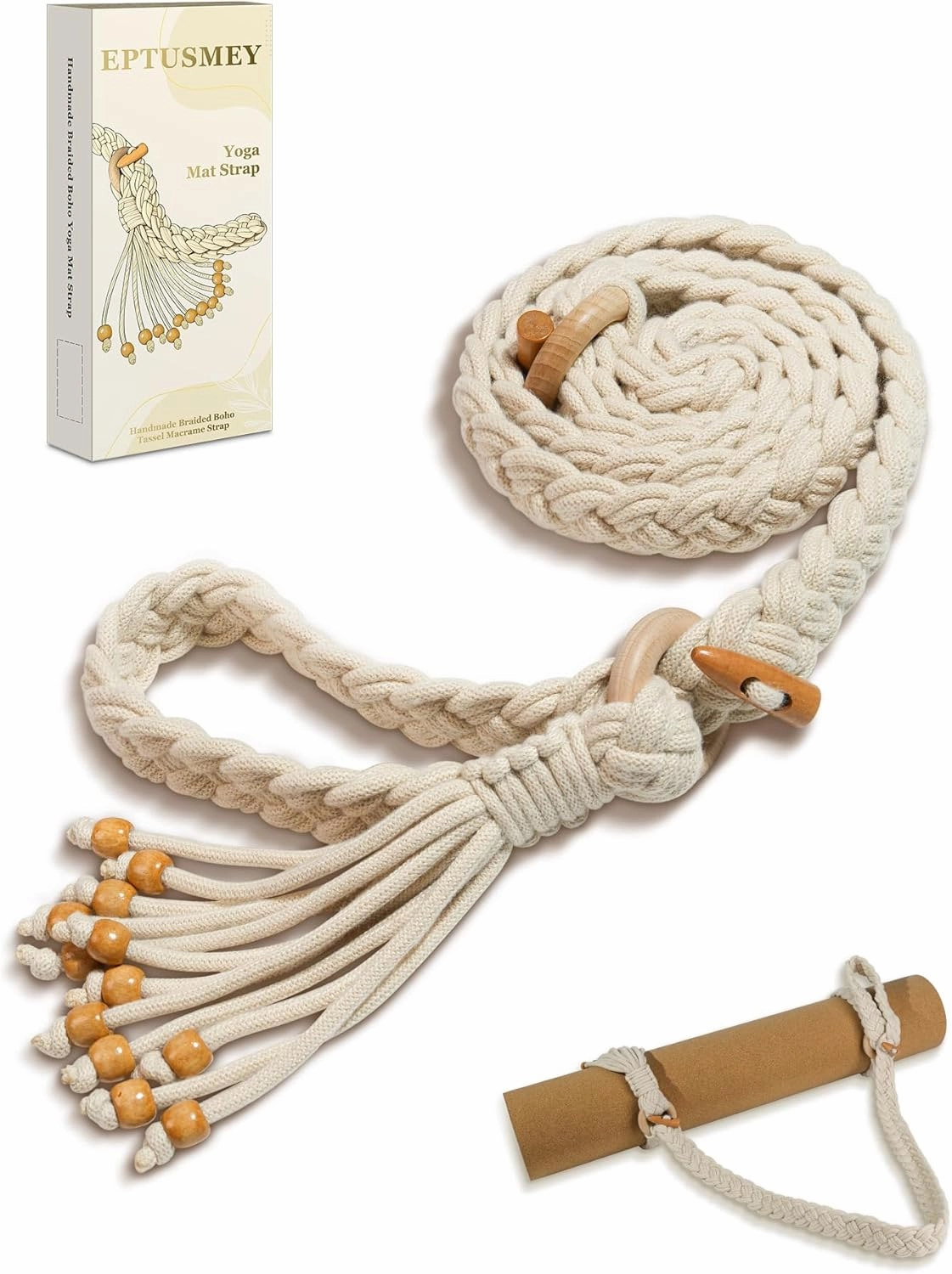 Yoga Mat Straps for Carrying, Handmade Braided Boho Bead Tassel Macrame Strap, Adjustable Thick Yoga Mat Carrier/Holder/Organizing, Stretching Band, Gifts for Women (Mat Not Included)