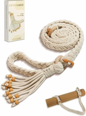 Yoga Mat Straps for Carrying, Handmade Braided Boho Bead Tassel Macrame Strap, Adjustable Thick Yoga Mat Carrier/Holder/Organizing, Stretching Band, Gifts for Women (Mat Not Included)