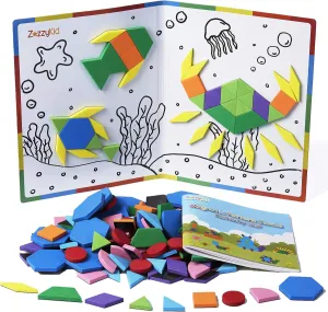 ZazzyKid Kids Magnetic Pattern Blocks Set: 216 PCS Geometric Shape Puzzles Tangram - STEM