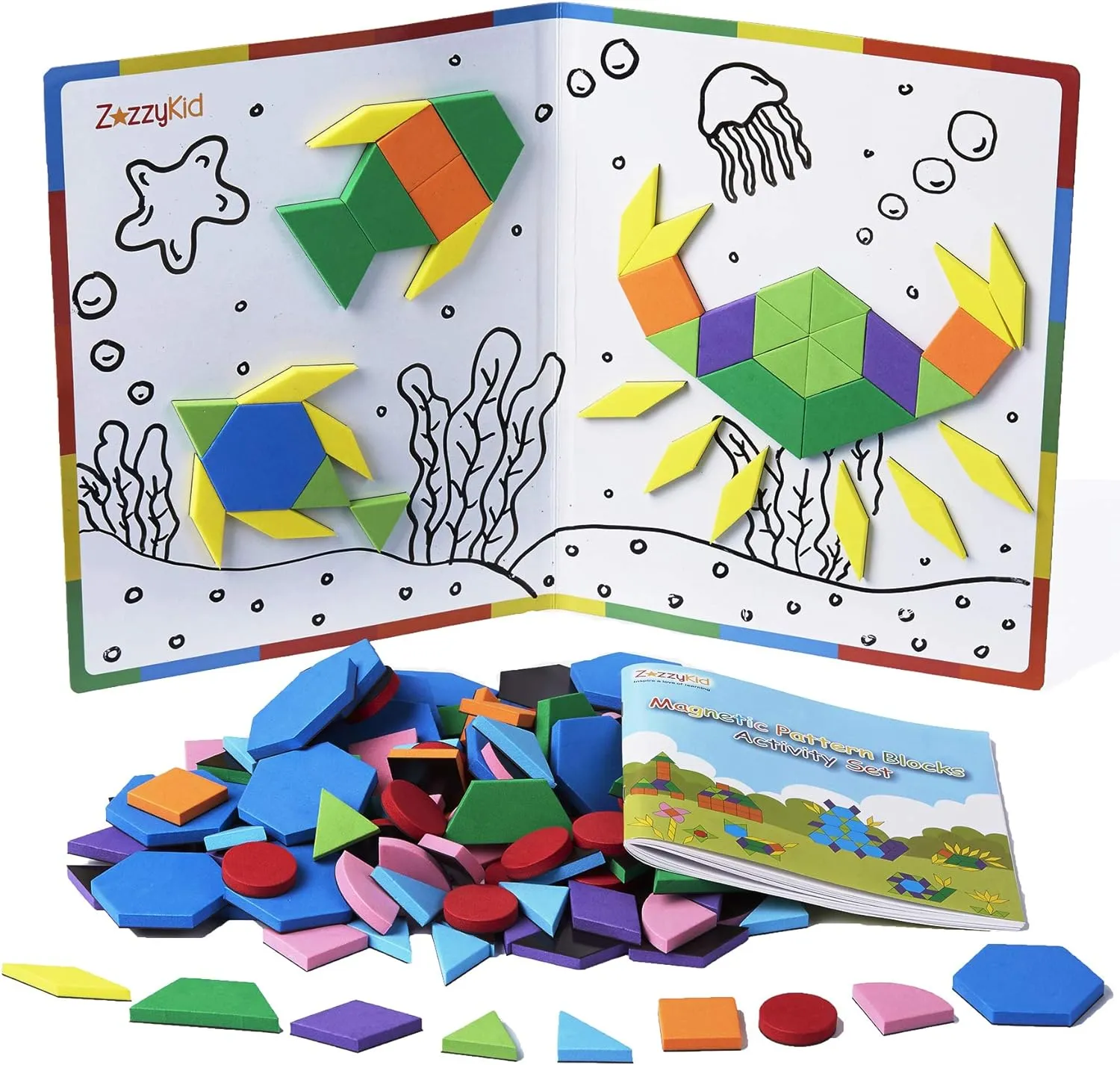 ZazzyKid Kids Magnetic Pattern Blocks Set: 216 PCS Geometric Shape Puzzles Tangram - STEM