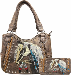 Zelris Dakota Dales Pony Horse Embroidery Mane Western Country Women Conceal Carry Tote Purse with Matching Wallet Set