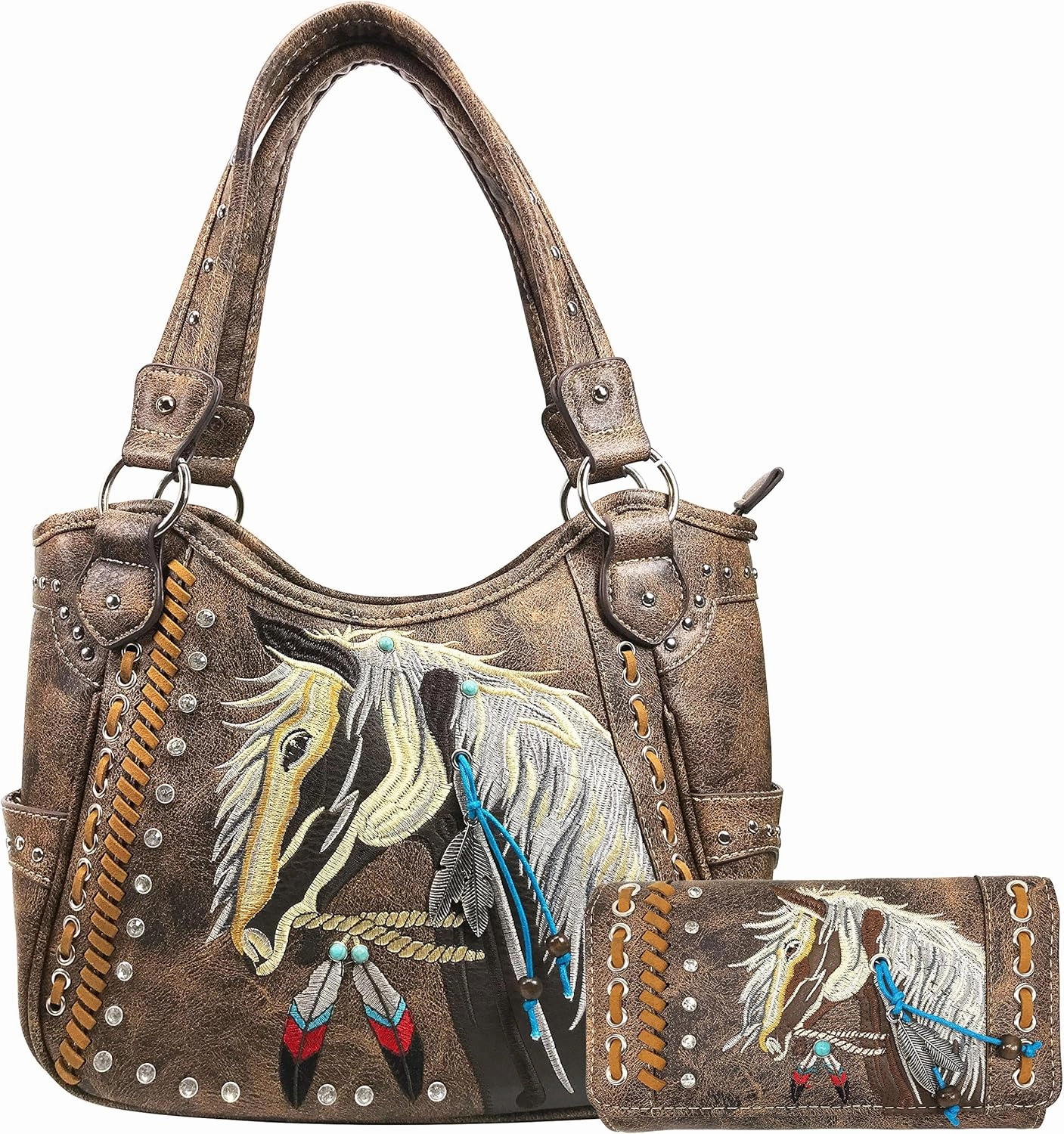 Zelris Dakota Dales Pony Horse Embroidery Mane Western Country Women Conceal Carry Tote Purse with Matching Wallet Set