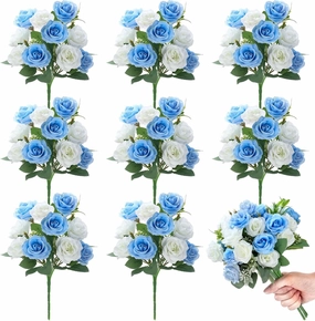 Zeyune 8 Pack 12 Inch Wedding Bouquets for Bride Bridesmaid Blue and White Artificial Rose Bouquet Fake Silk Roses Flowers Bunches Bulk for Home Office Garden Parties Decoration