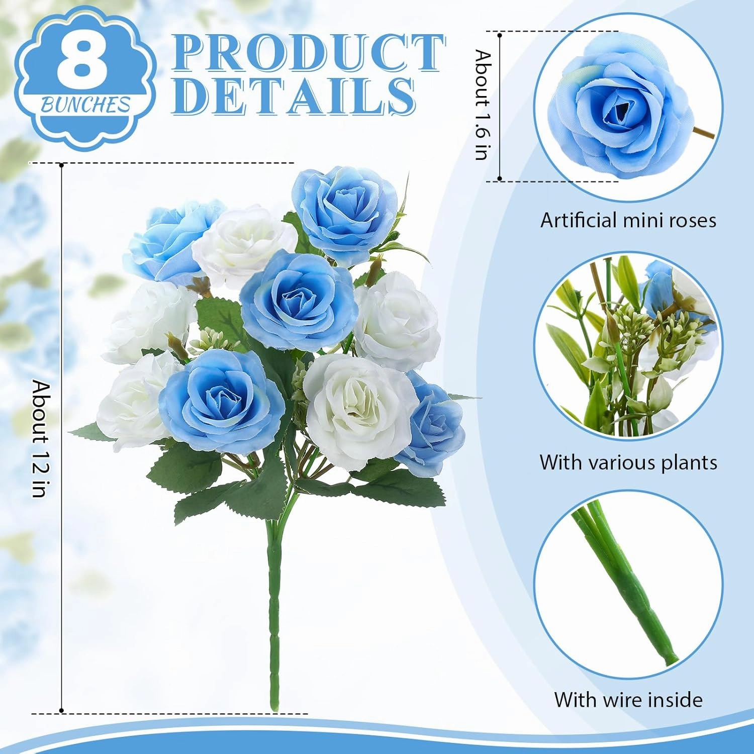 Zeyune 8 Pack 12 Inch Wedding Bouquets for Bride Bridesmaid Blue and White Artificial Rose Bouquet Fake Silk Roses Flowers Bunches Bulk for Home Office Garden Parties Decoration