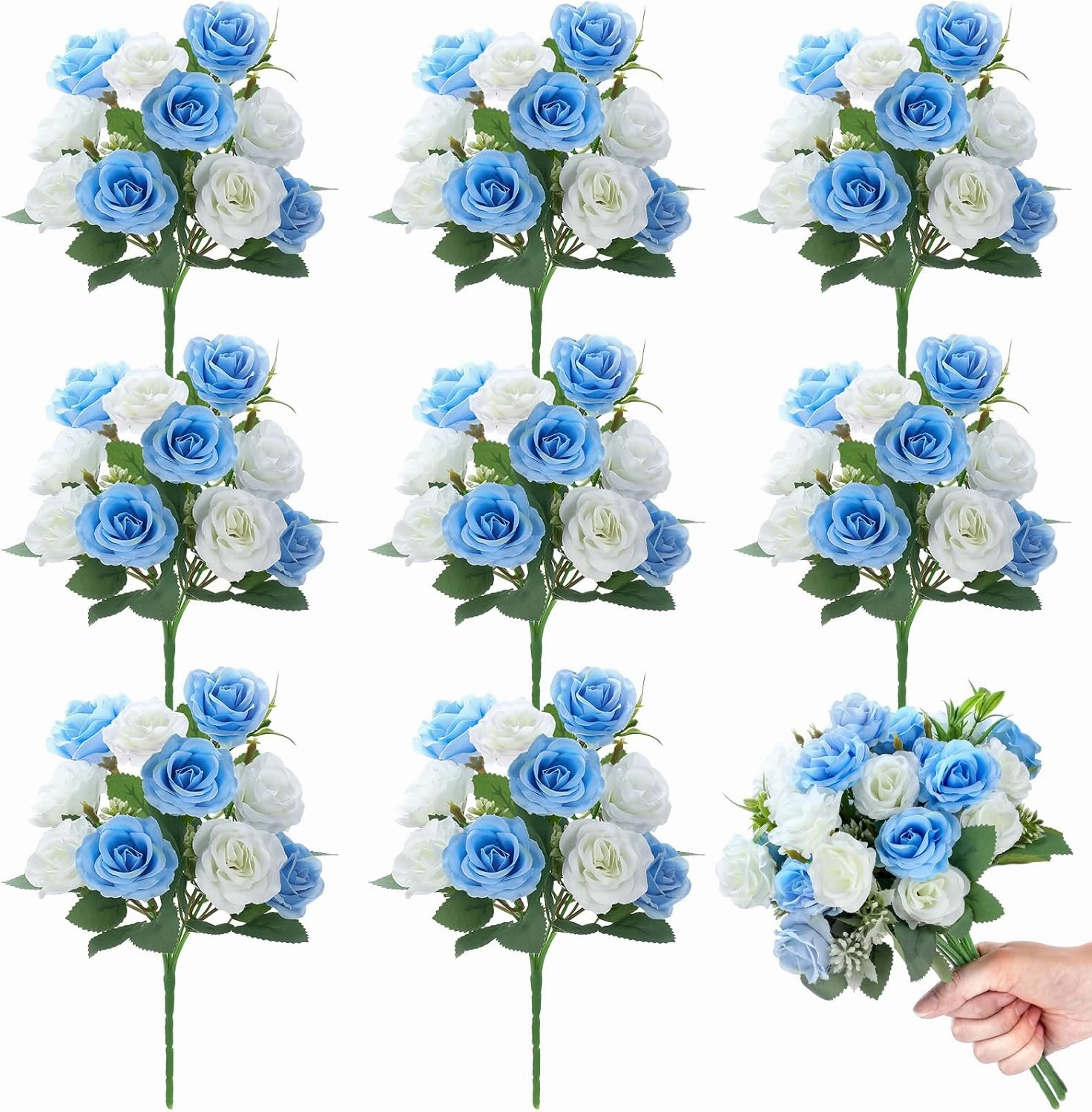 Zeyune 8 Pack 12 Inch Wedding Bouquets for Bride Bridesmaid Blue and White Artificial Rose Bouquet Fake Silk Roses Flowers Bunches Bulk for Home Office Garden Parties Decoration