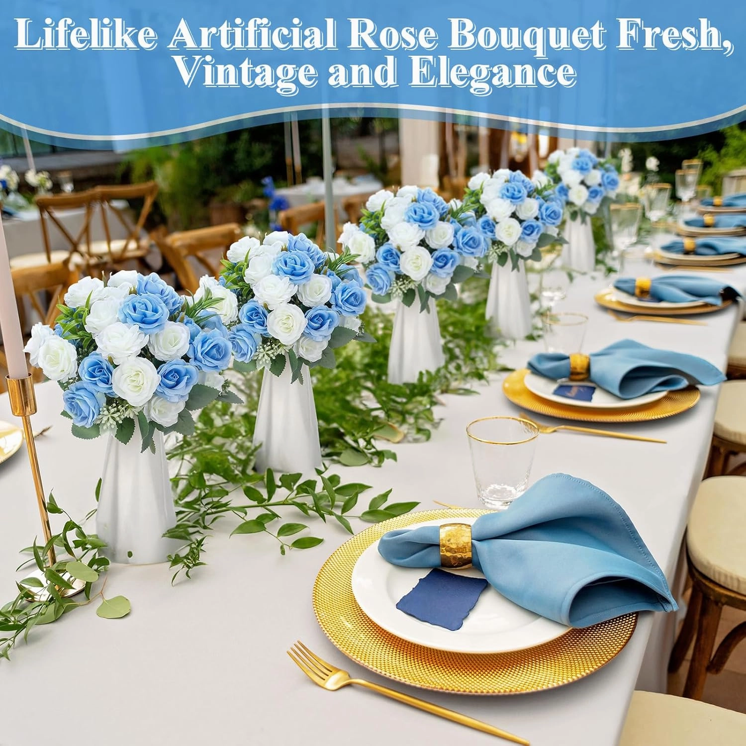 Zeyune 8 Pack 12 Inch Wedding Bouquets for Bride Bridesmaid Blue and White Artificial Rose Bouquet Fake Silk Roses Flowers Bunches Bulk for Home Office Garden Parties Decoration
