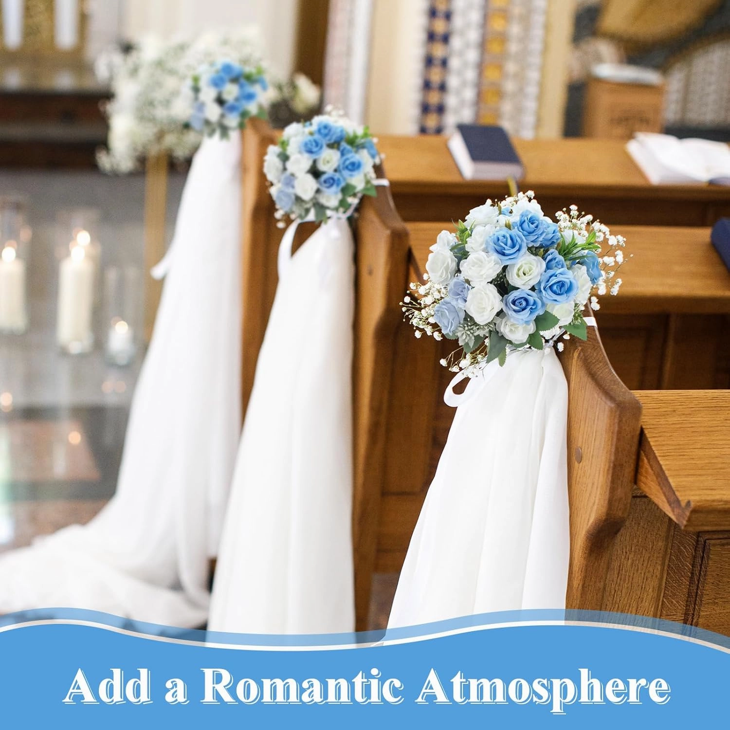 Zeyune 8 Pack 12 Inch Wedding Bouquets for Bride Bridesmaid Blue and White Artificial Rose Bouquet Fake Silk Roses Flowers Bunches Bulk for Home Office Garden Parties Decoration