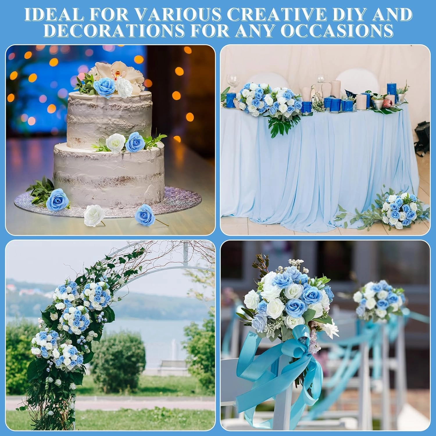 Zeyune 8 Pack 12 Inch Wedding Bouquets for Bride Bridesmaid Blue and White Artificial Rose Bouquet Fake Silk Roses Flowers Bunches Bulk for Home Office Garden Parties Decoration