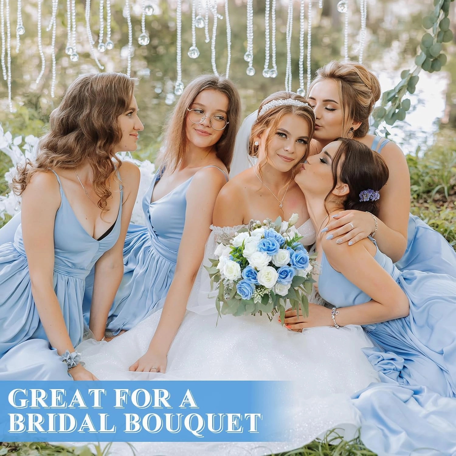Zeyune 8 Pack 12 Inch Wedding Bouquets for Bride Bridesmaid Blue and White Artificial Rose Bouquet Fake Silk Roses Flowers Bunches Bulk for Home Office Garden Parties Decoration